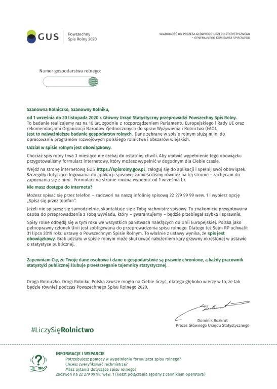 List Prezesa Głównego Urzędu Statystycznego skierowany do właścicieli gospodarstw rolnych